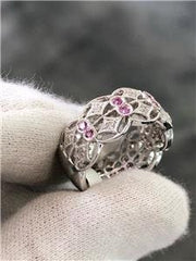 LIV 18k White Gold Genuine White Diamonds & Pink Sapphire Vintage Band Ring