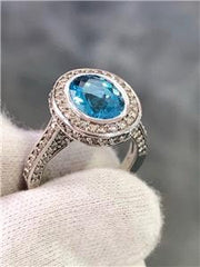 LIV 14k White Gold Genuine Diamonds & Blue Topaz Oval Cut Pave Halo Ring Gift