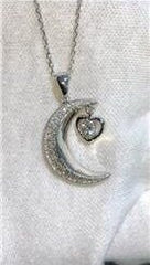 LIV Platinum Sterling Silver Pave White Sapphire Heart & Moon Design Necklace
