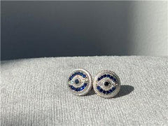 LIV Platinum Sterling Silver Blue Sapphire Evil Eye Design Round Halo Stud Earrings