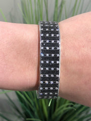 LIV Platinum Sterling Silver Black and White Sapphire Half Way Design Bangle Bracelet