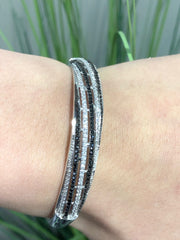 LIV Platinum Sterling Silver Black & White Sapphire Half Way Design Bangle Bracelet