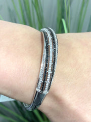 LIV Platinum Sterling Silver Black & White Sapphire Half Way Design Bangle Bracelet