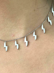 LIV Platinum Sterling Silver White Enamel Lightning Bolt Design Choker Necklace Gift