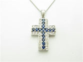 LIV 14k Solid White Gold Genuine Diamond Blue Sapphire Vintage Design Cross Necklace