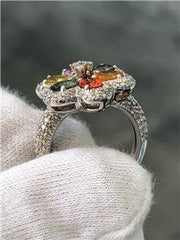 LIV 14k White Gold Diamonds & Multi Color Sapphire Pave Flower Halo Design Ring