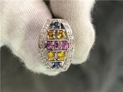 LIV 14k White Gold Genuine Diamonds Multi Sapphire Halo Design Round Cut Ring