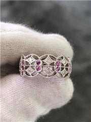 LIV 18k White Gold Genuine White Diamonds & Pink Sapphire Vintage Band Ring