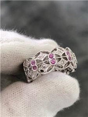 LIV 18k White Gold Genuine White Diamonds & Pink Sapphire Vintage Band Ring