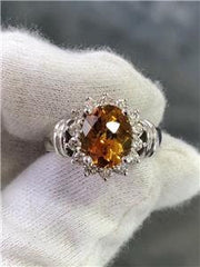 LIV 14k White Gold Genuine Diamonds & Golden Citrine Oval Cut Design Halo Ring