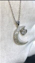LIV Platinum Sterling Silver Pave White Sapphire Heart & Moon Design Necklace