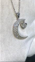 LIV Platinum Sterling Silver Pave White Sapphire Heart & Moon Design Necklace