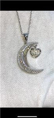 LIV Platinum Sterling Silver Pave White Sapphire Heart & Moon Design Necklace