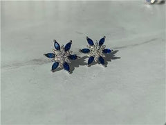 LIV Platinum Sterling Silver Blue Sapphire Flower Design Round Halo Stud Earrings