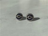 LIV Platinum Sterling Silver Blue Sapphire Evil Eye Design Round Halo Stud Earrings