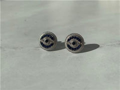 LIV Platinum Sterling Silver Blue Sapphire Evil Eye Design Round Halo Stud Earrings