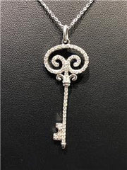 LIV 14k White Gold Genuine White Diamonds G/VS1 Vintage Style Halo Long Key Necklace 16"L