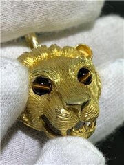 LIV 18k Yellow Gold & Tiger Eye Hand Made Lion Head Design Solid Charm Pendant 21.1g