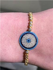 LIV 18k Gold Sterling Silver White Sapphire & Turquoise Evil Eye Halo Bracelet Gift