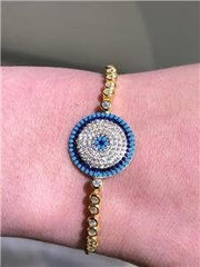 LIV 18k Gold Sterling Silver White Sapphire & Turquoise Evil Eye Halo Bracelet Gift