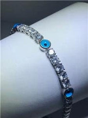LIV Platinum Sterling Silver White Sapphire Evil Eye Halo Tennis Bracelet 7" L Gift