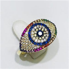 LIV Yellow Gold Sterling Silver Rainbow Sapphire Evil Eye Pave Band Halo Ring Size 7