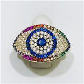 LIV Yellow Gold Sterling Silver Rainbow Sapphire Evil Eye Pave Band Halo Ring Size 7