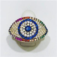 LIV Yellow Gold Sterling Silver Rainbow Sapphire Evil Eye Pave Band Halo Ring Size 7
