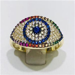 LIV Yellow Gold Sterling Silver Rainbow Sapphire Evil Eye Pave Band Halo Ring Size 7