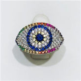 LIV Platinum Sterling Silver Rainbow Sapphire Evil Eye Pave Band Halo Ring