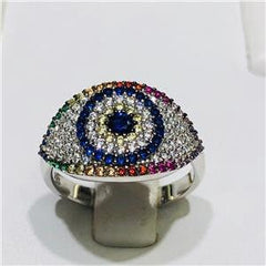 LIV Platinum Sterling Silver Rainbow Sapphire Evil Eye Pave Band Halo Ring
