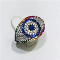 LIV Platinum Sterling Silver Rainbow Sapphire Evil Eye Pave Band Halo Ring