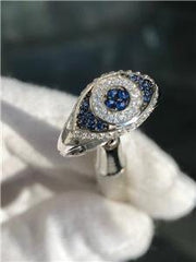 LIV Platinum Sterling Silver Blue & White Sapphire Evil Eye Halo Baguette Ring SIZE 8