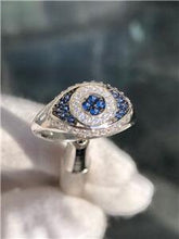 LIV Platinum Sterling Silver Blue & White Sapphire Evil Eye Halo Baguette Ring SIZE 8