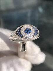 LIV Platinum Sterling Silver Blue & White Sapphire Evil Eye Halo Baguette Ring SIZE 8