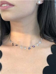 LIV Platinum Sterling Silver Multi Color Sapphire Peace Hand Evil Eye Dangle Choker