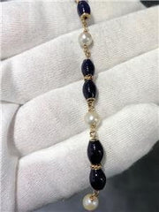 LIV 14k Yellow Gold Blue Lapis Lazuli & Pearl Baby Link Bracelet 7.3 Gr 5.7mm W 6"L