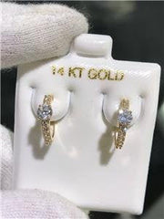 LIV 14k Yellow Gold & White Sapphire Pave Solitaire Design Huggie Hoop Earrings Gift