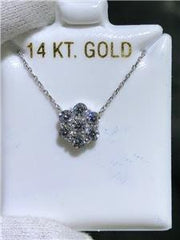 LIV 14k White Gold & White Sapphires Flower Shape Cluster Halo Design Necklace 16"L