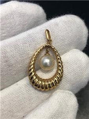 LIV 14k Yellow Gold & Genuine Pearl Tear Drop Cable Design Halo Dangle Pendant 6.1mm