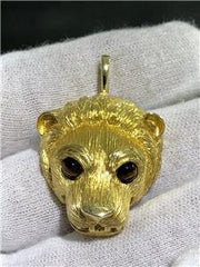 LIV 18k Yellow Gold & Tiger Eye Hand Made Lion Head Design Solid Charm Pendant 21.1g