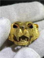 LIV 18k Yellow Gold & Tiger Eye Hand Made Lion Head Design Solid Charm Pendant 21.1g