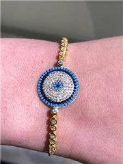 LIV 18k Gold Sterling Silver White Sapphire & Turquoise Evil Eye Halo Bracelet Gift