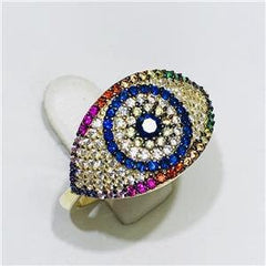 LIV Yellow Gold Sterling Silver Rainbow Sapphire Evil Eye Pave Band Halo Ring Size 7