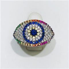 LIV Platinum Sterling Silver Rainbow Sapphire Evil Eye Pave Band Halo Ring