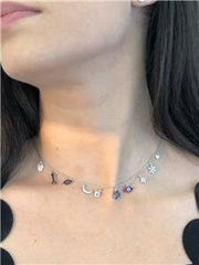 LIV Platinum Sterling Silver Multi Color Sapphire Peace Hand Evil Eye Dangle Choker