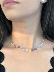 LIV Platinum Sterling Silver Multi Color Sapphire Peace Hand Evil Eye Dangle Choker