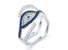 LIV Platinum Sterling Silver Blue & White Sapphire Evil Eye Abstract Band Ring