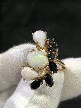 LIV 14k Yellow Gold White Opal & Blue Sapphire Floral Hand Made Ring Sz 9 11.1 Gr
