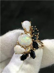 LIV 14k Yellow Gold White Opal & Blue Sapphire Floral Hand Made Ring Sz 9 11.1 Gr